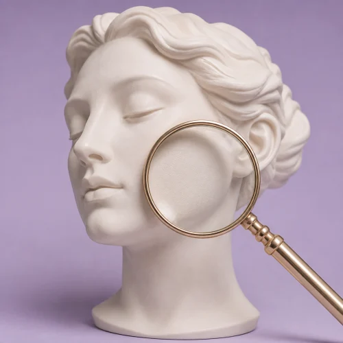 얼굴 모형과 확대경으로 표현한 피부 상담 일러스트